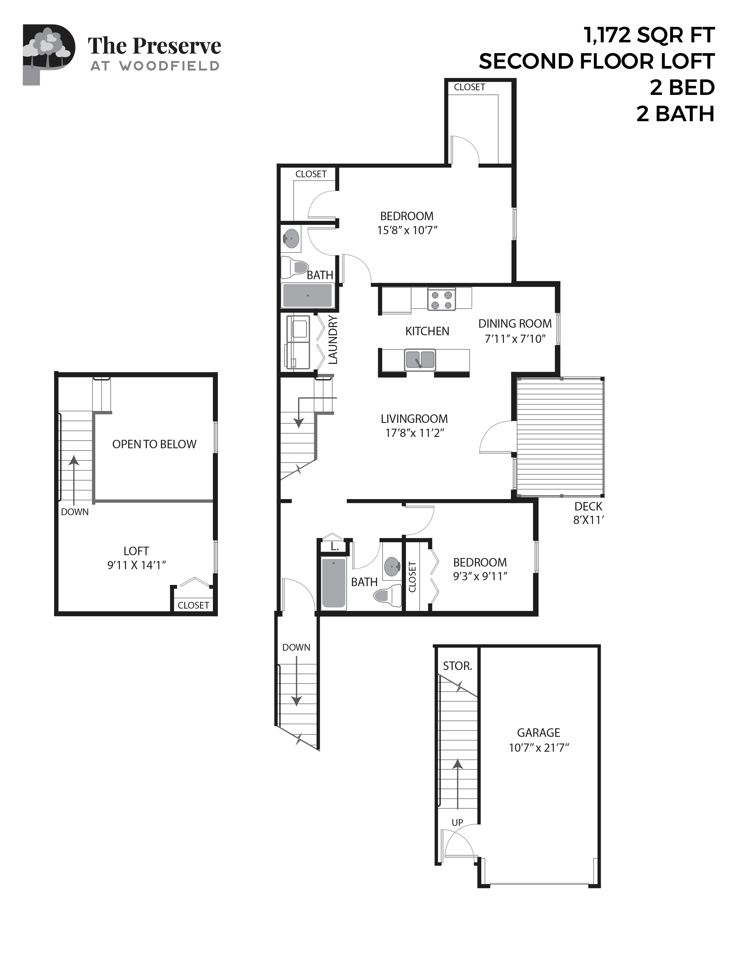 Floor plan for 2 beds, 2 baths, 1172 sqft